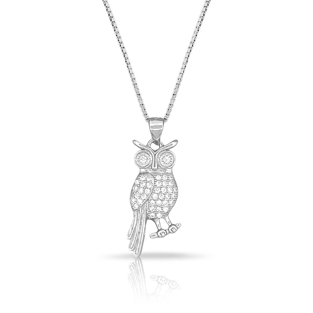Gargantilha de Prata Coruja com Zircônias Cristal