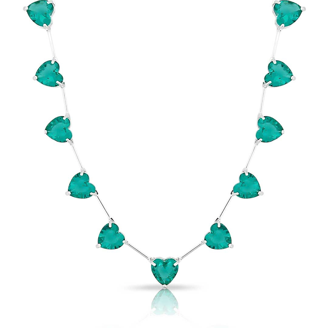 Gargantilha de Prata Leve Colors Corações em Zircônias Glass Esmeralda