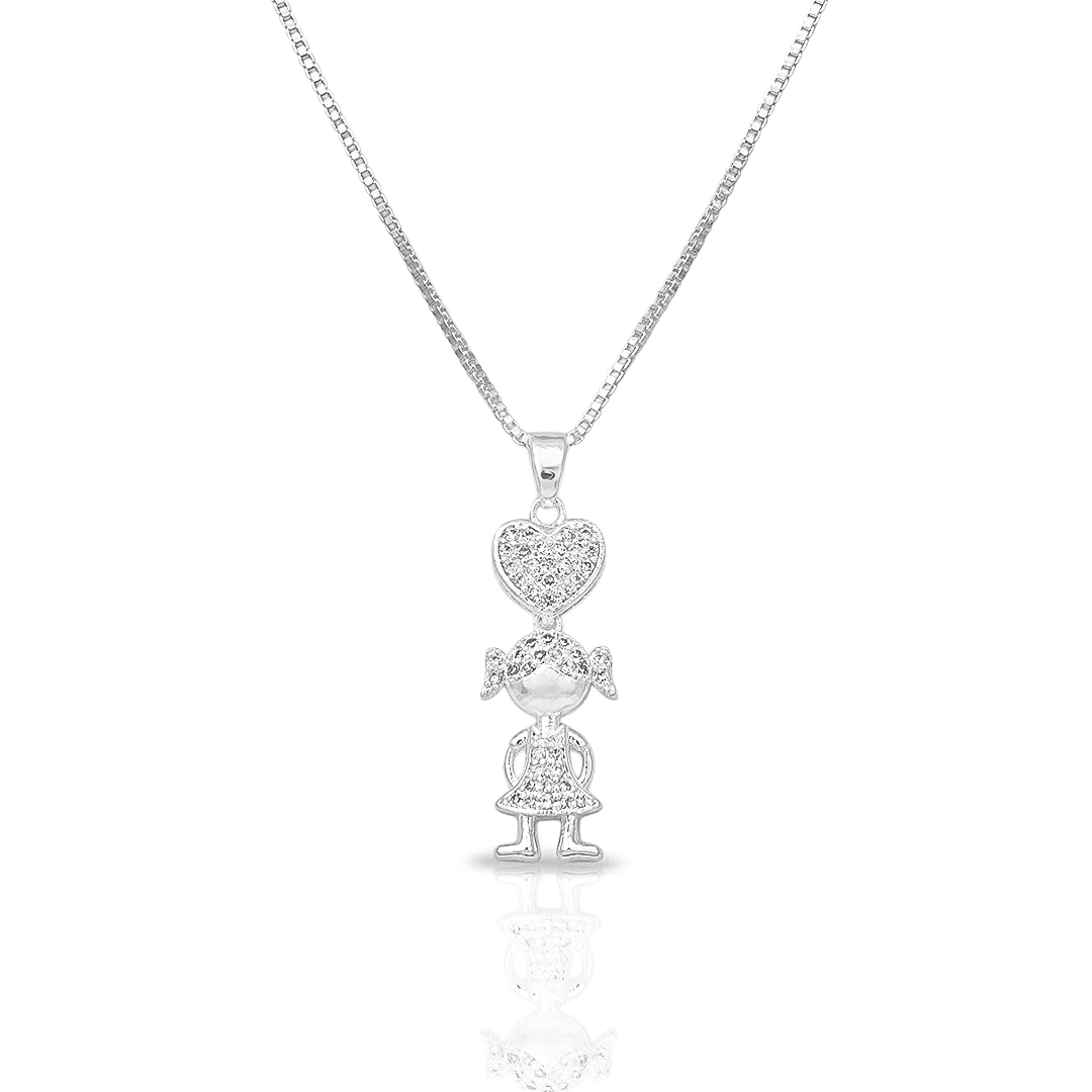 Gargantilha De Prata Leve Coração Com Menina de Zircônias Cristal
