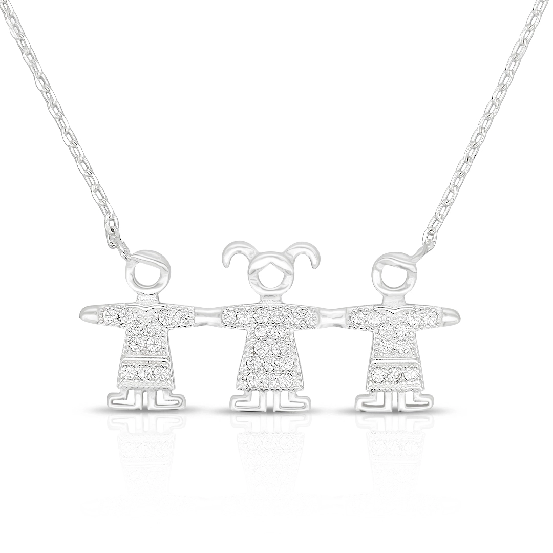 Gargantilha de Prata Meninos Com Menina e Zircônias Cristal