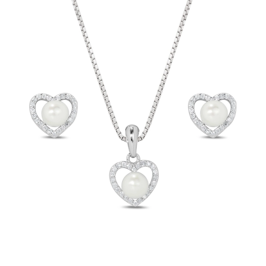 Gargantilha de Prata Top com Brincos e Pingente Coração com Pérola Biwa e Zircônia Cristal