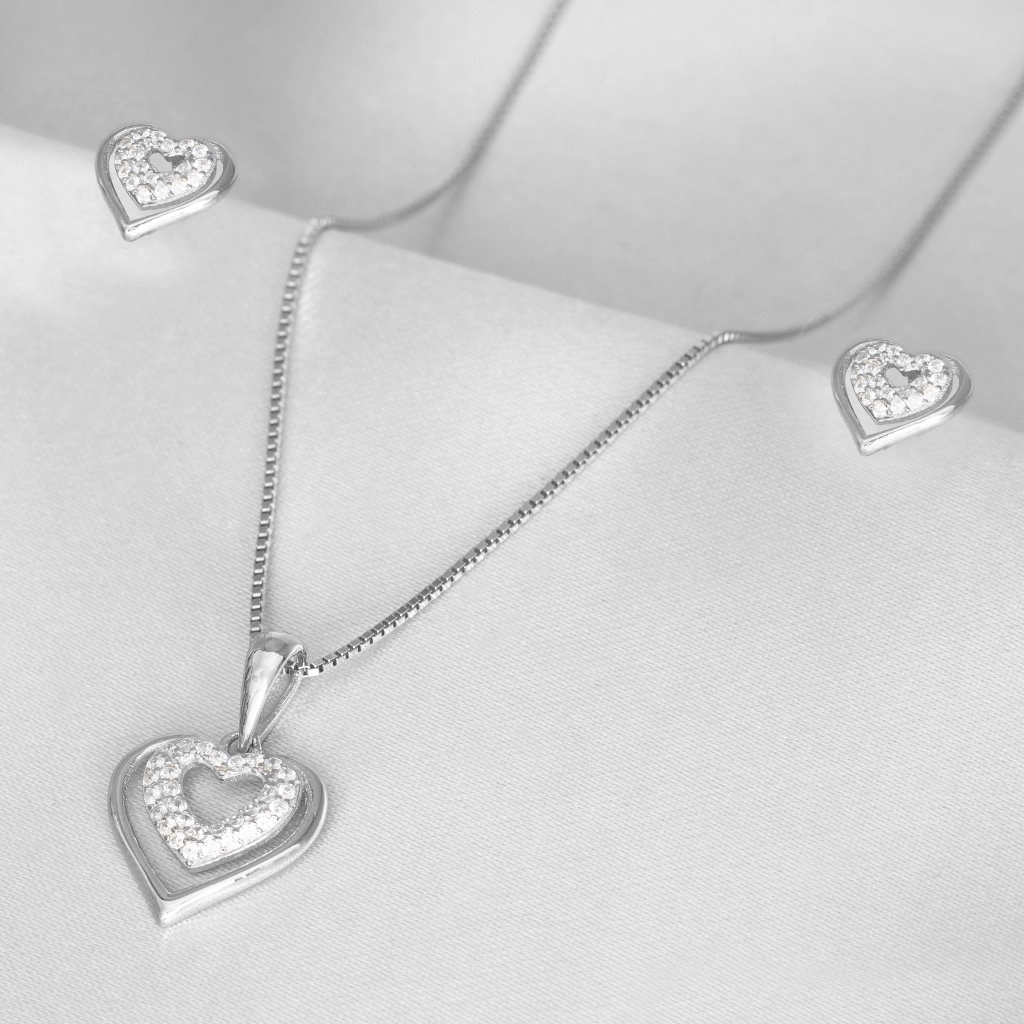 Gargantilha de Prata Top Coração com Brincos e Pingente de Zircônia Cristal