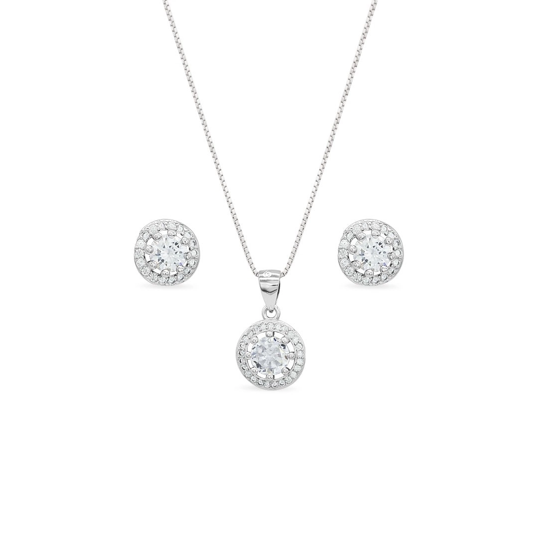 Gargantilha de Prata Top Redondo com Brincos e Pingente de Zircônia Cristal