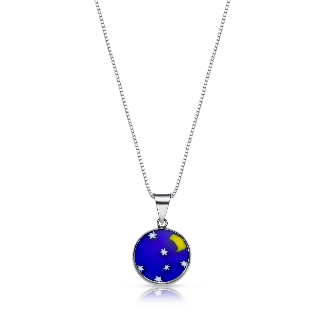 Gargantilha em Prata com Murano Azul com Lua e Estrelas 