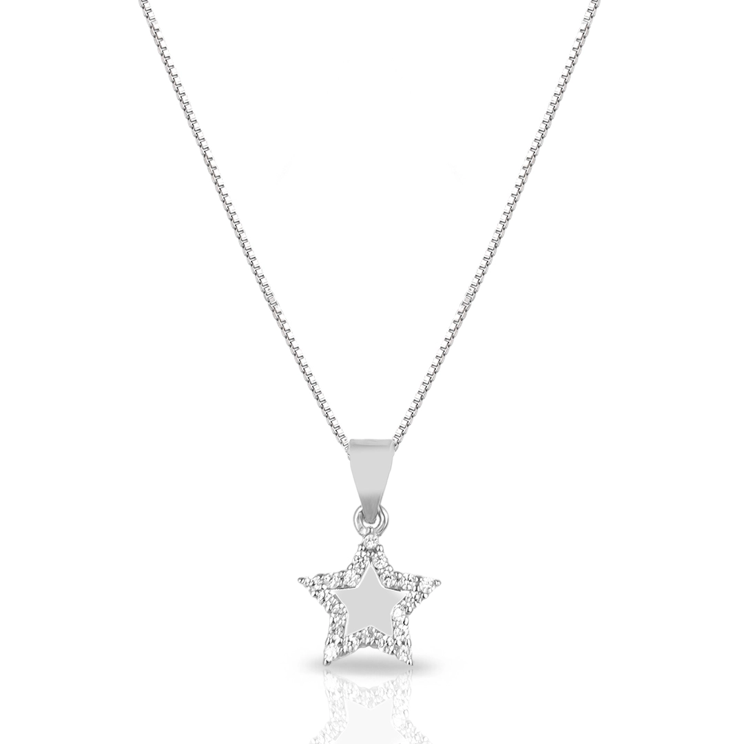 Gargantilha em Prata com Pingente de Estrela  com Zircônias Cristal
