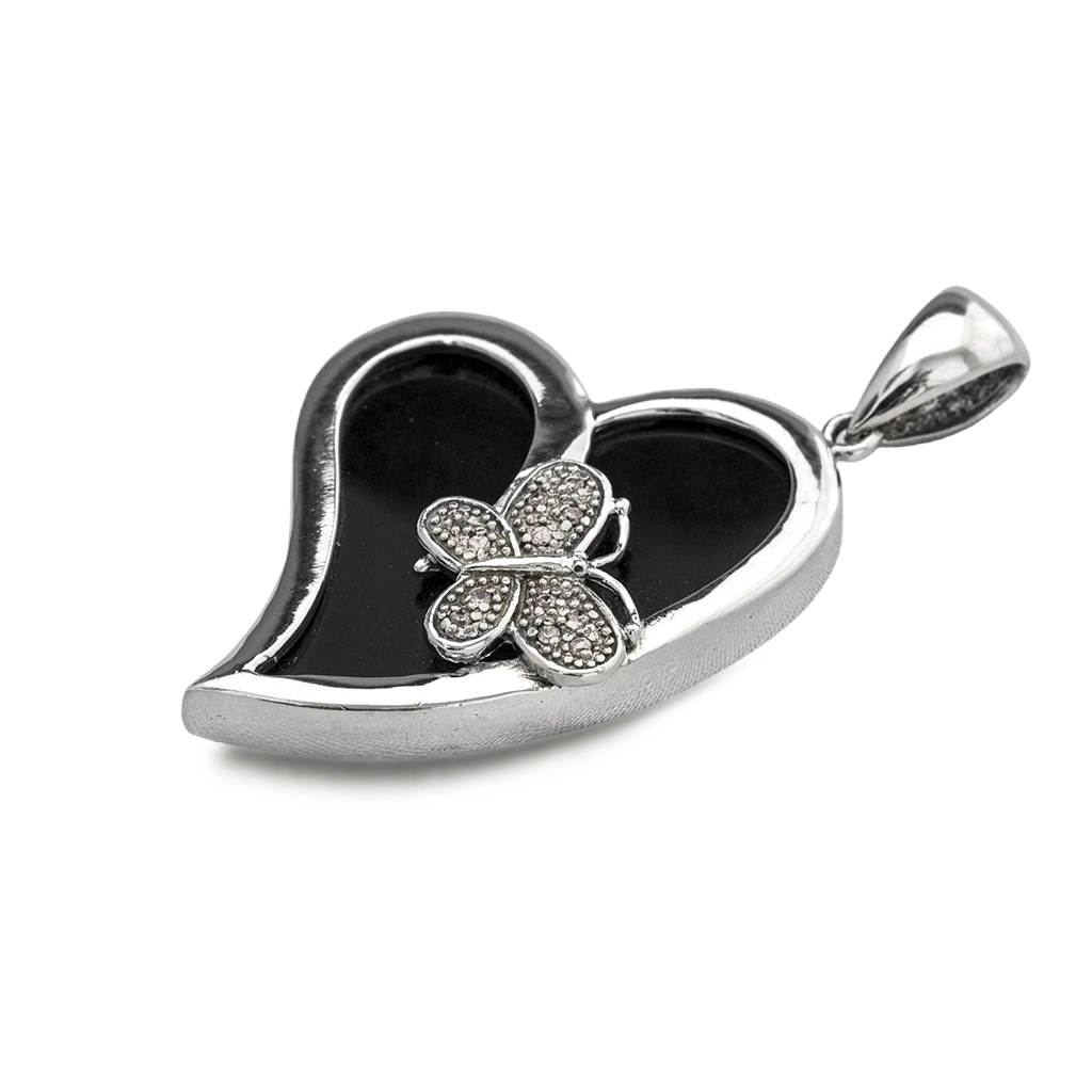 Pingente de Prata Coração com Resina Preta e Borboleta com Zircônias Rosas