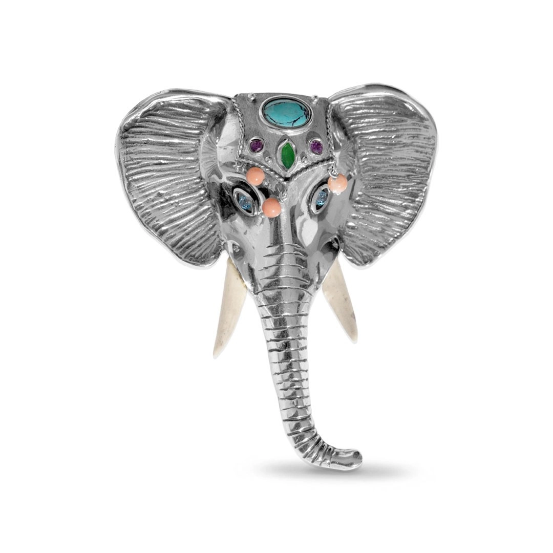 Pingente de Prata Envelhecido de Elefante com Turquesa, Esmeralda, Ametista, Água Marinha e Àgata Branca