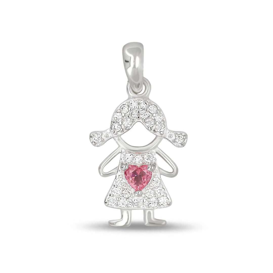 Pingente de Prata Menina Com Zircônias Cristal e Rosa