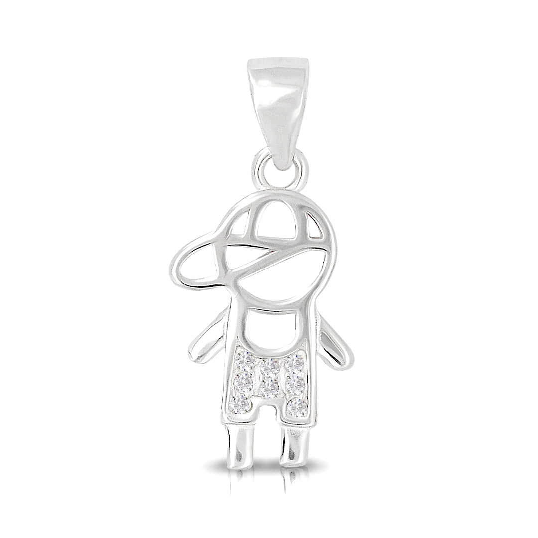 Pingente de Prata Menino Com Zircônias Cristal Cravejada