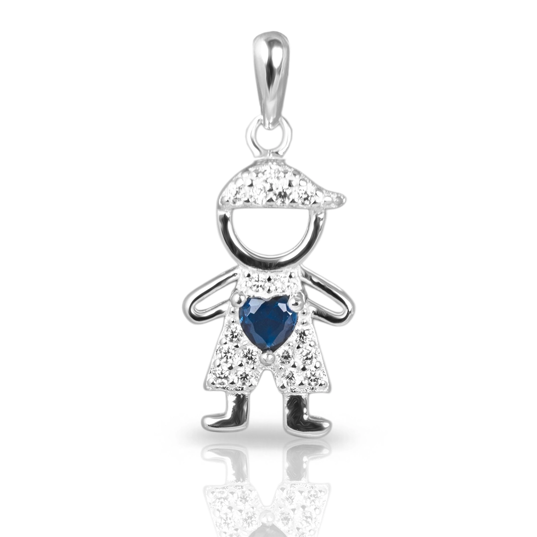 Pingente de Prata Menino Com Zircônias Cristal e Safira