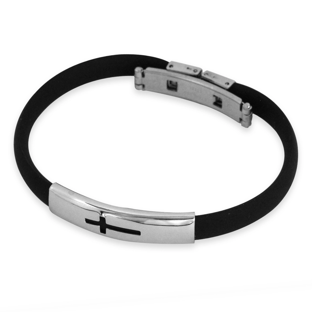 Pulseira de Aço Cauciu com Placa Espelhada e Cruz Vazada