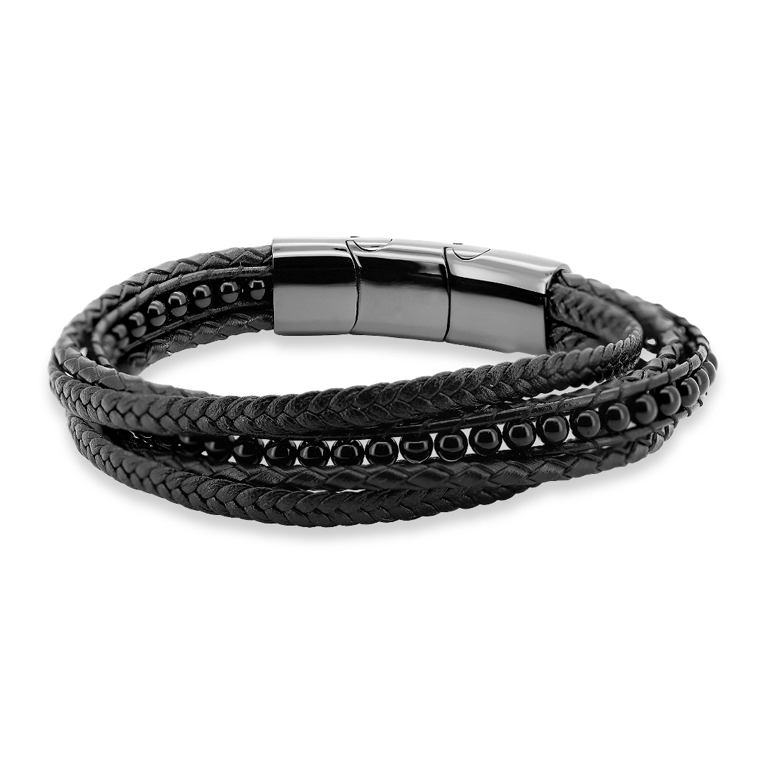 Bracelete De Aço Com Couro, Cinco Fios Trançado e Esferas 