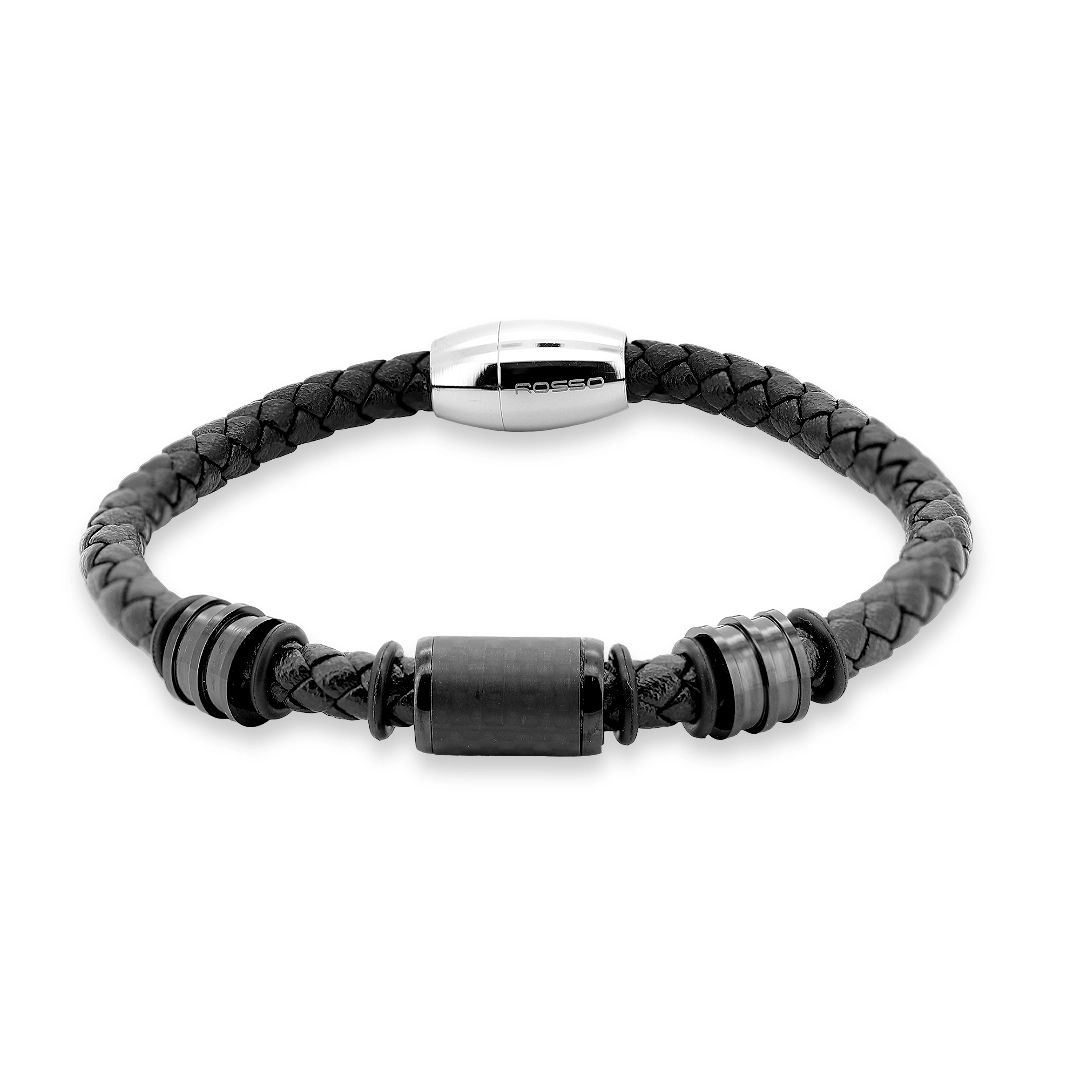 Bracelete De Aço Com Couro Preto Trançado e Fibra de Carbono 