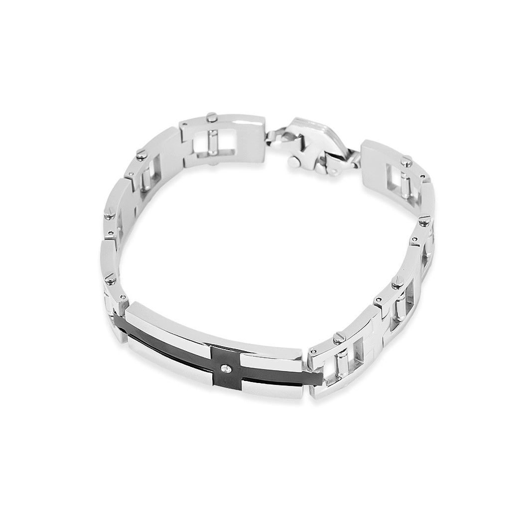 Pulseira de Aço com Cruz Carbonada e Zircônia Cristal