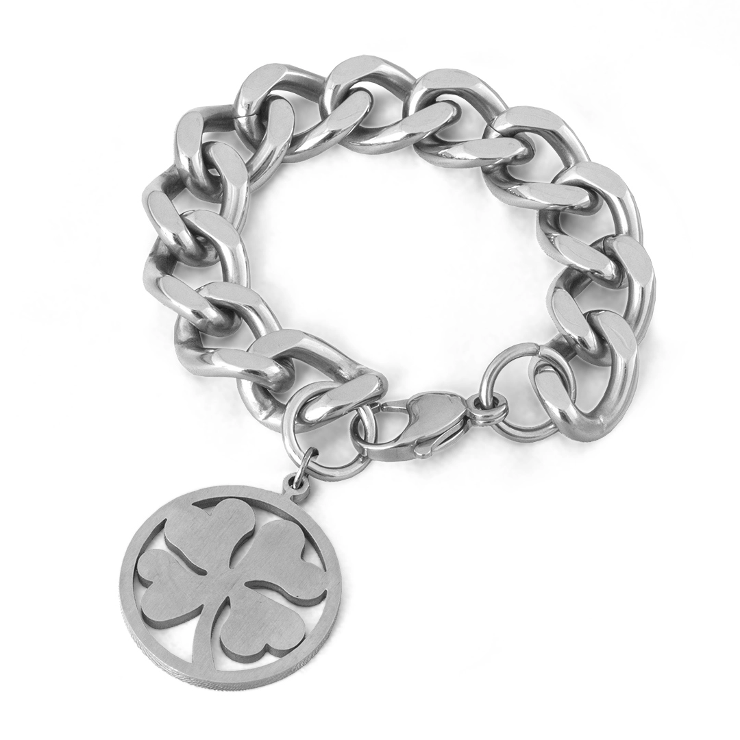 Pulseira de Aço em Malha Gourmette Grossa com Trevo