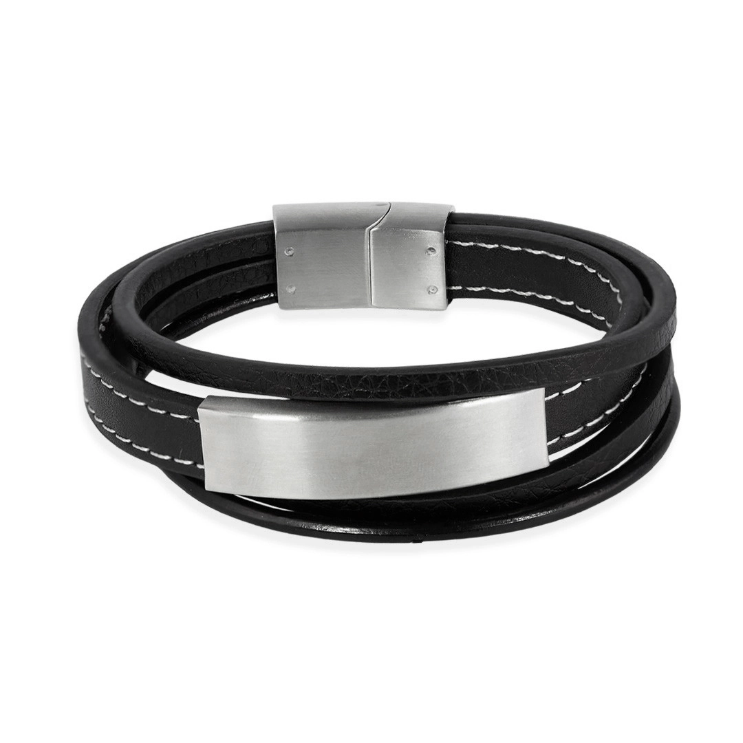 Pulseira de Aço Quatro Fios de Couro com Placa Espelhada