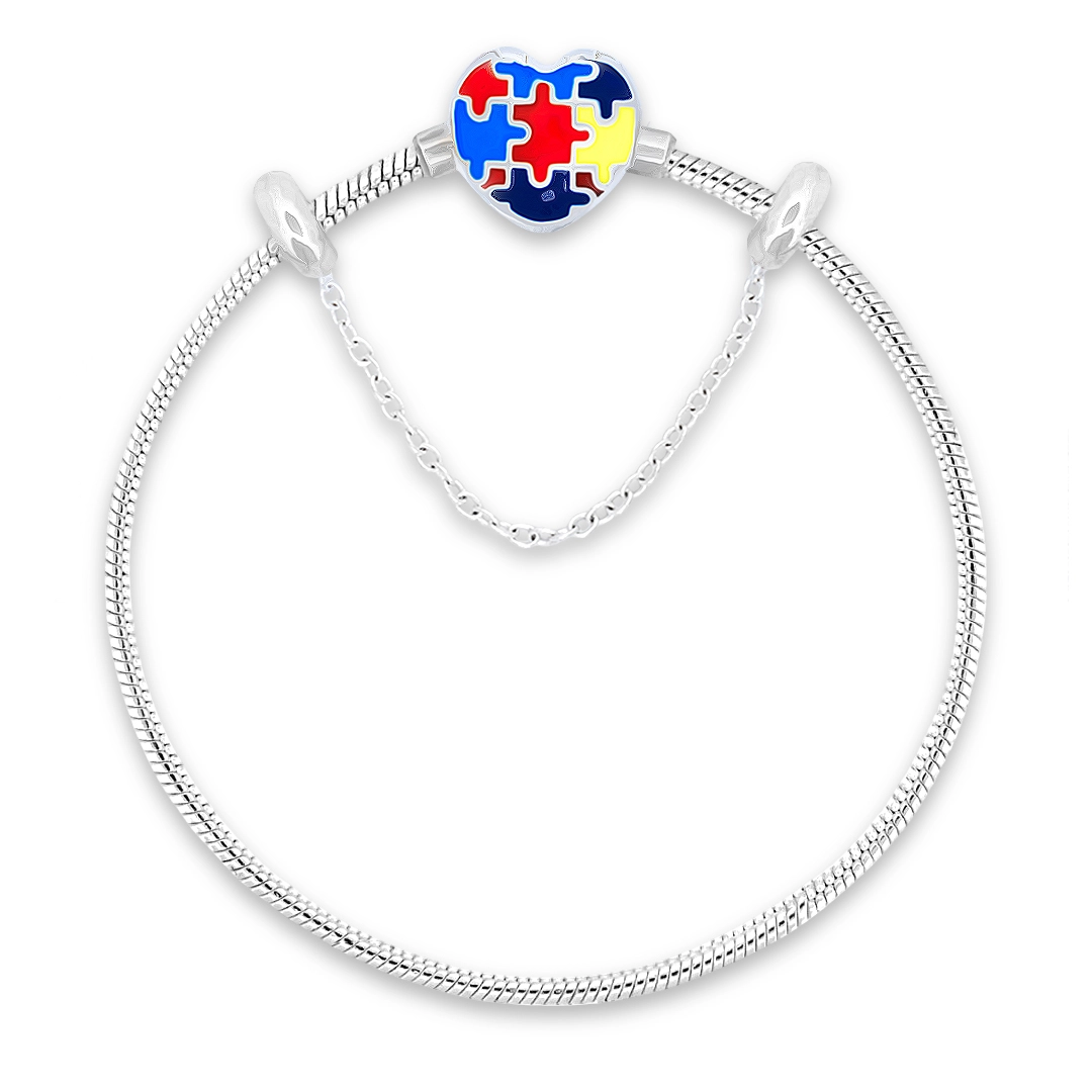 Pulseira de Prata Autismo com Coração 20cm
