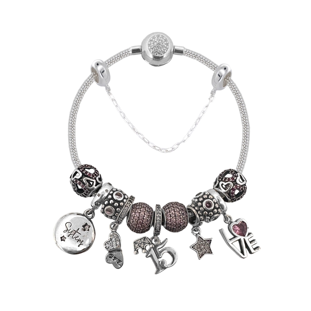 Pulseira De Prata Com Berloques Rosa