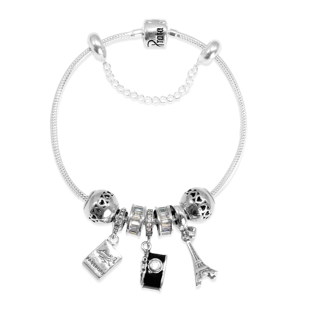 Pulseira de Prata com Berloques Symbol Viagem com Zircônia Cristal e Resina