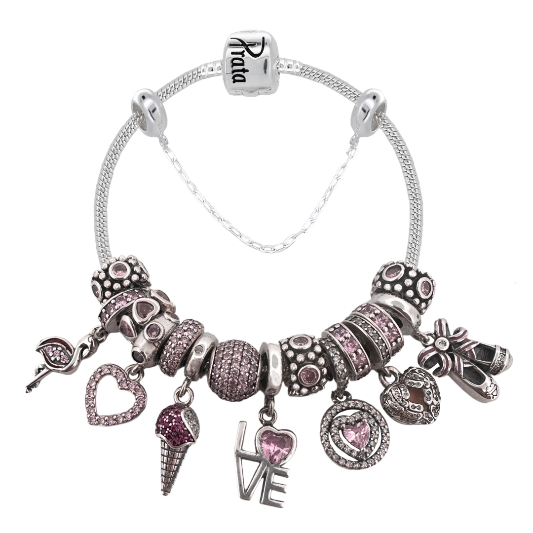 Pulseira De Prata com Berloques Variados Rosa