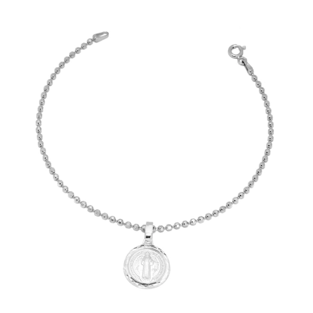 Pulseira de Prata com Bolinhas Diamantadas e Pingente de São Bento