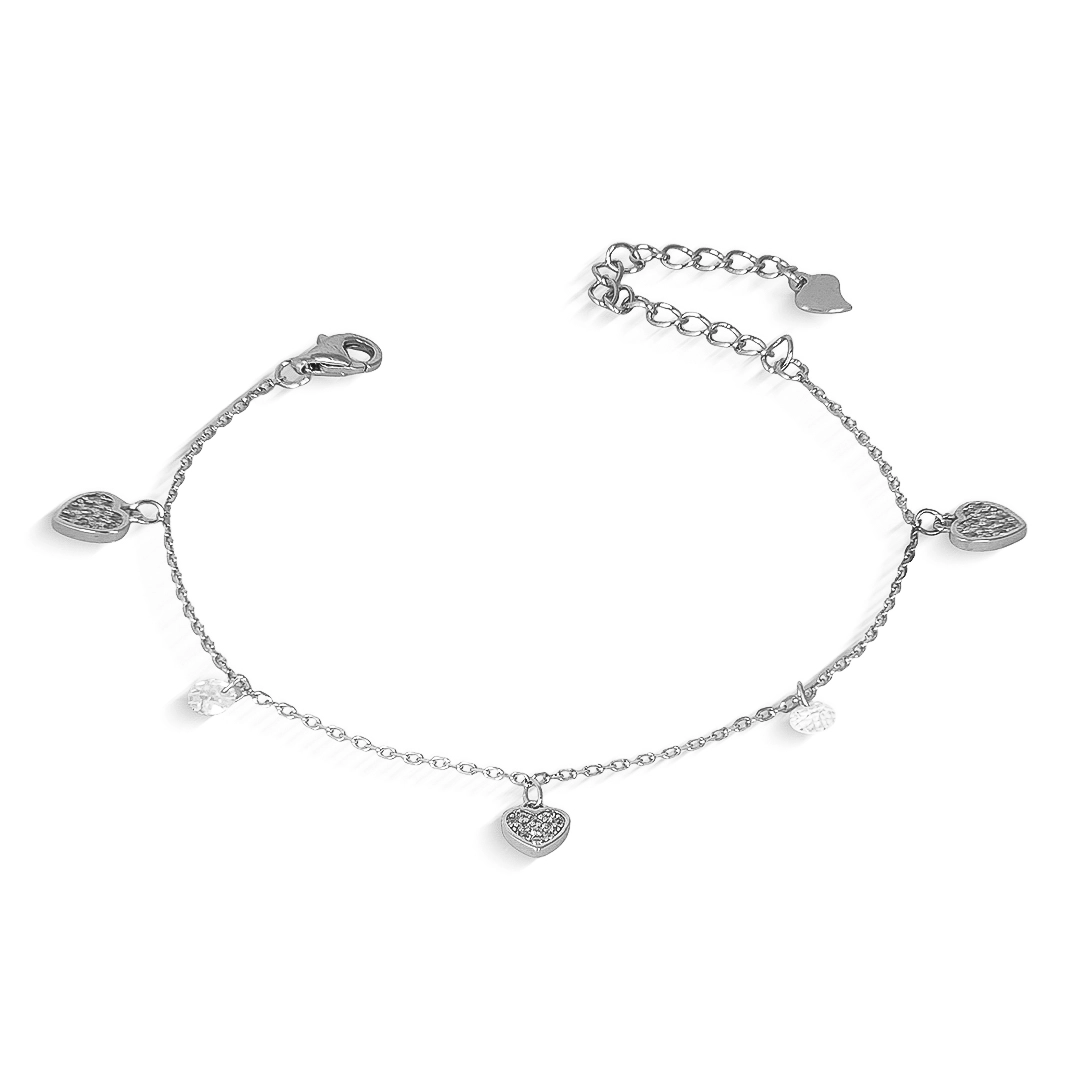 Pulseira de Prata com Corações e Zircônias Cristal