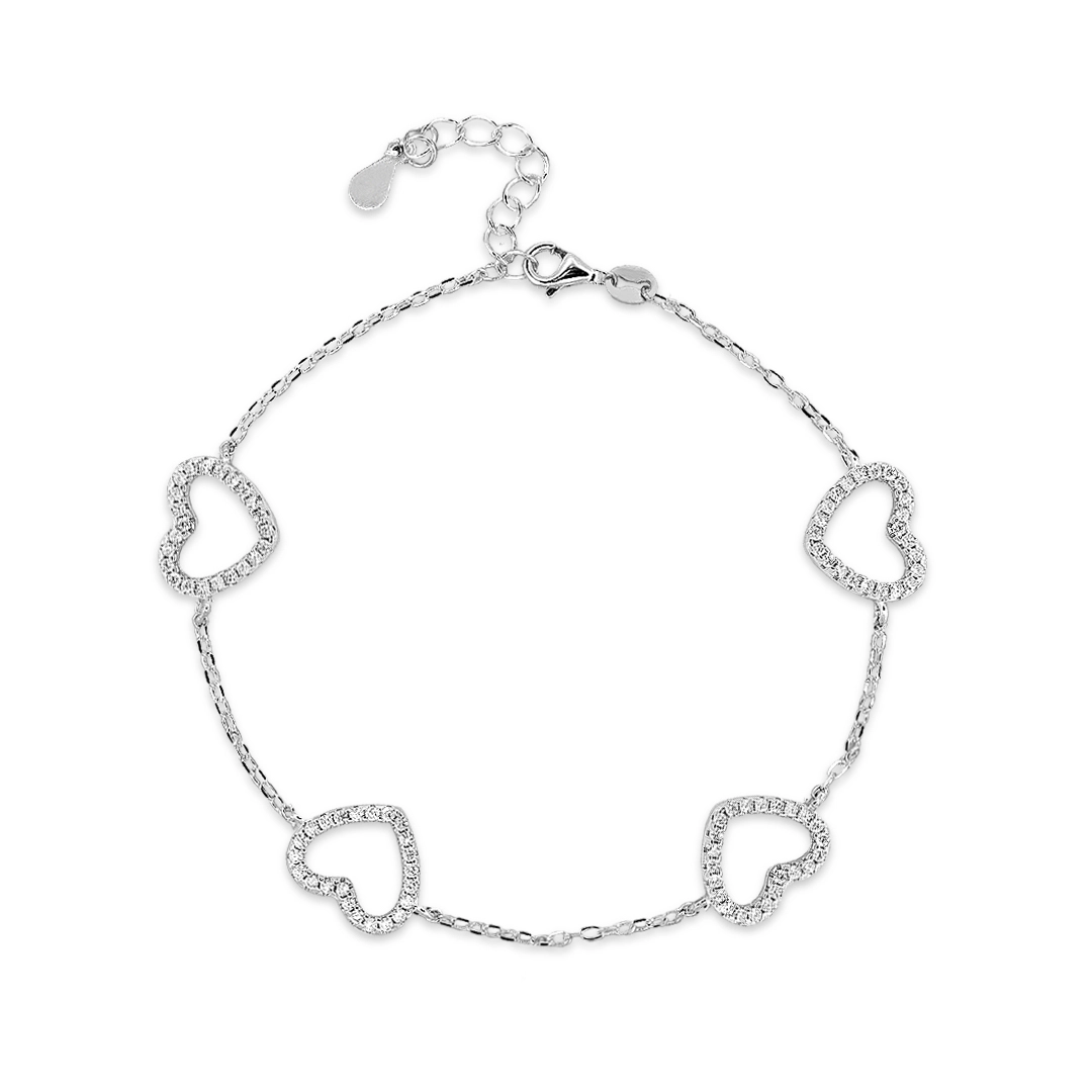 Pulseira de Prata com Corações Vazados de Zircônia Cristal 