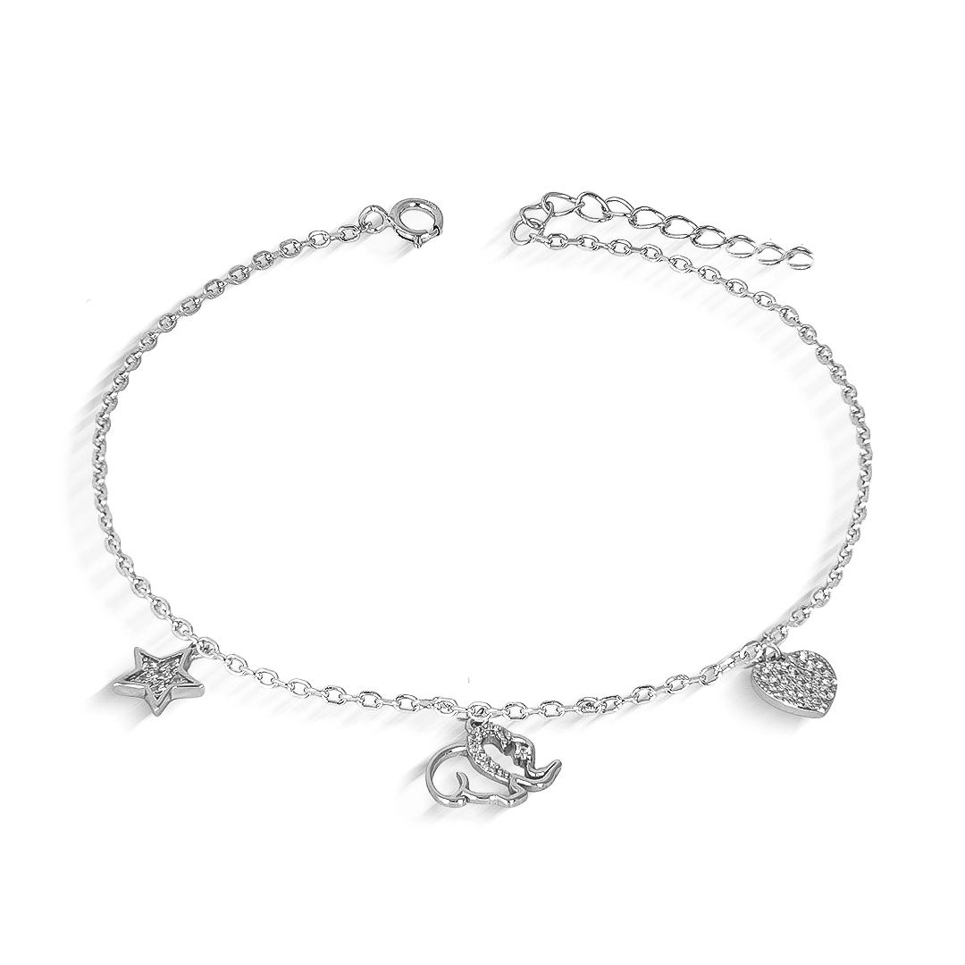 Pulseira de Prata com Estrela, Elefante e Coração e Zircônias