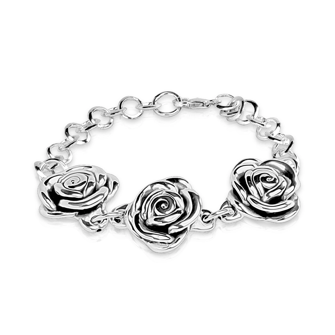 Pulseira de Prata com Flores Envelhecidas 