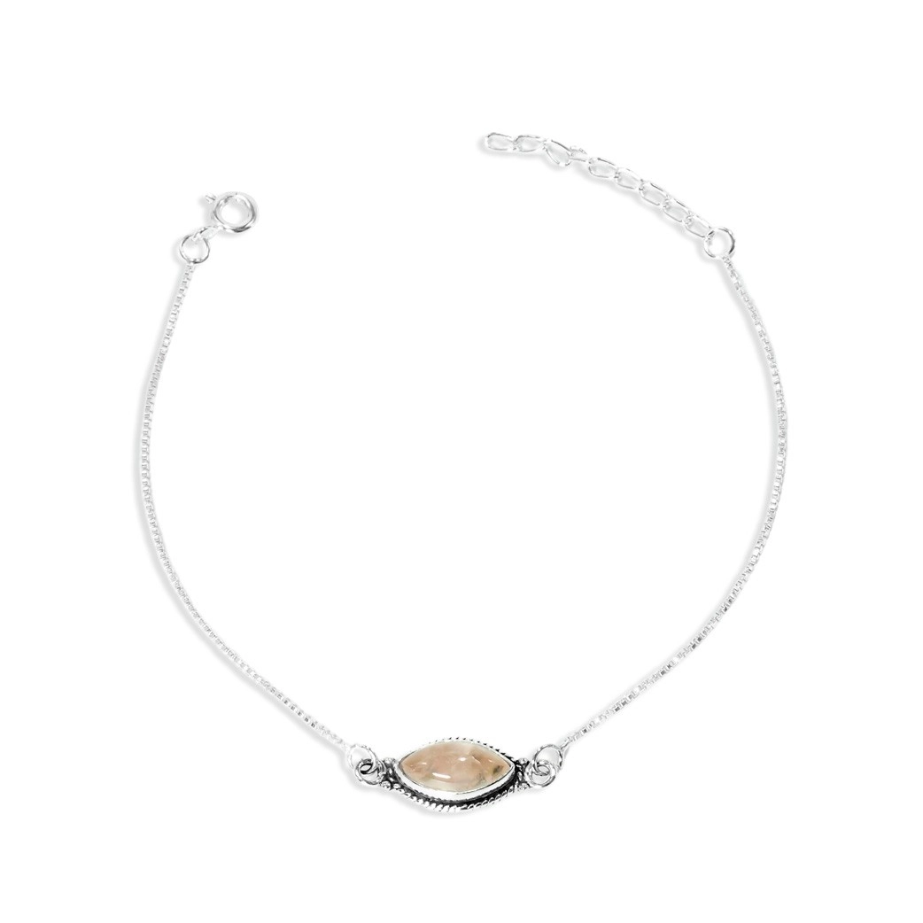 Pulseira de Prata com Malha Veneziana e Quartzo Rosa Navete