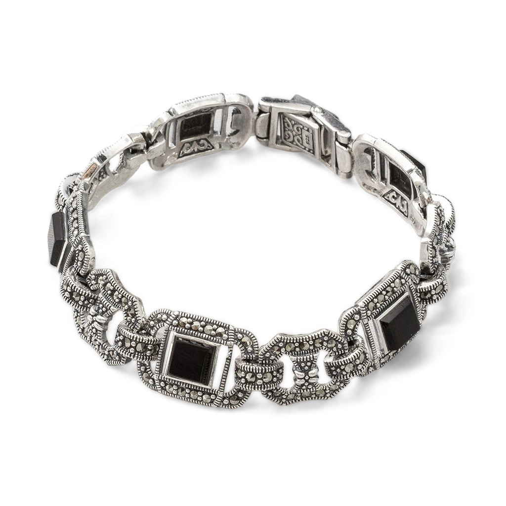 Pulseira de Prata com Resina Ônix Quadrada e Marcassitas