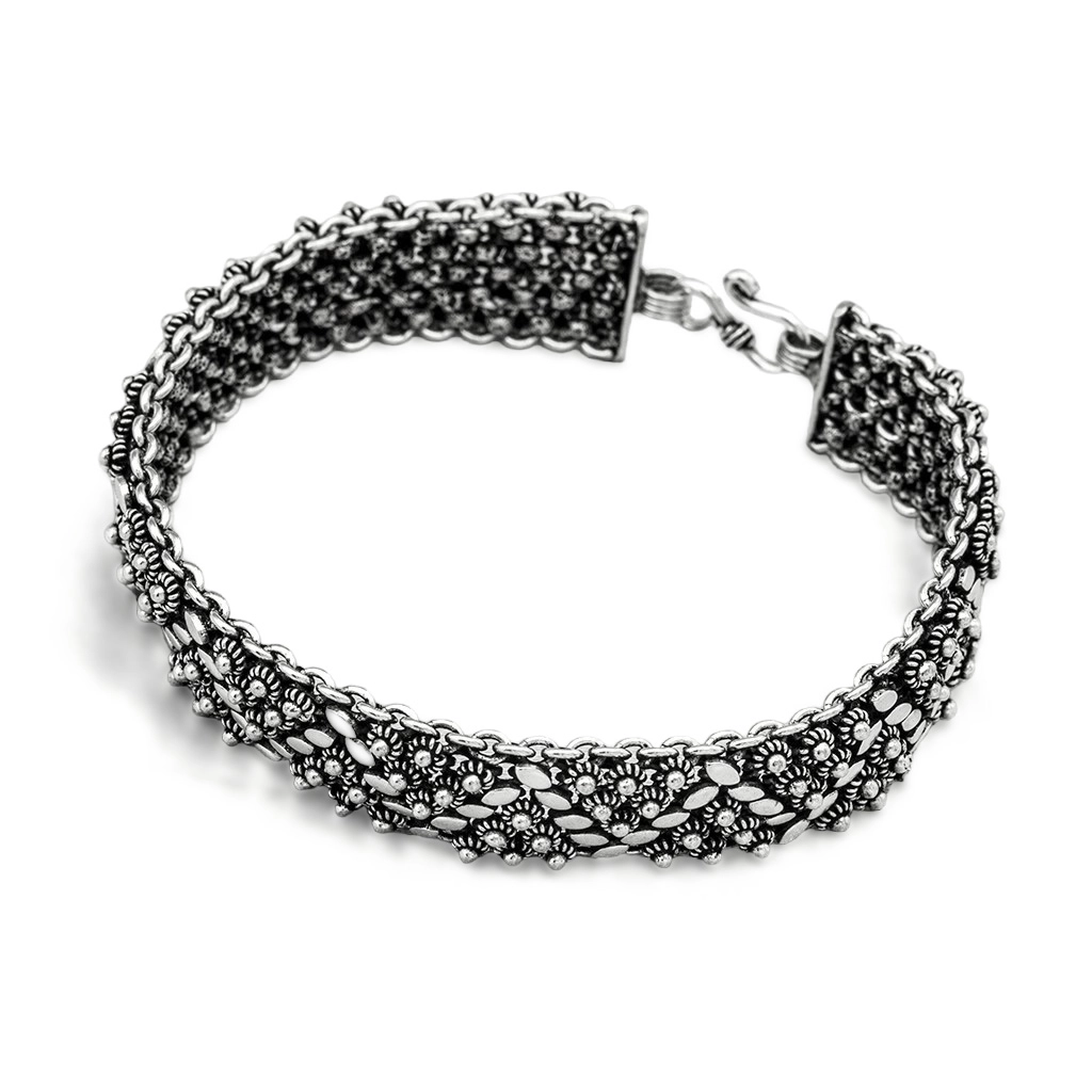 Pulseira de Prata Estilo Bali com Flor e Chapa Espelhada Oval