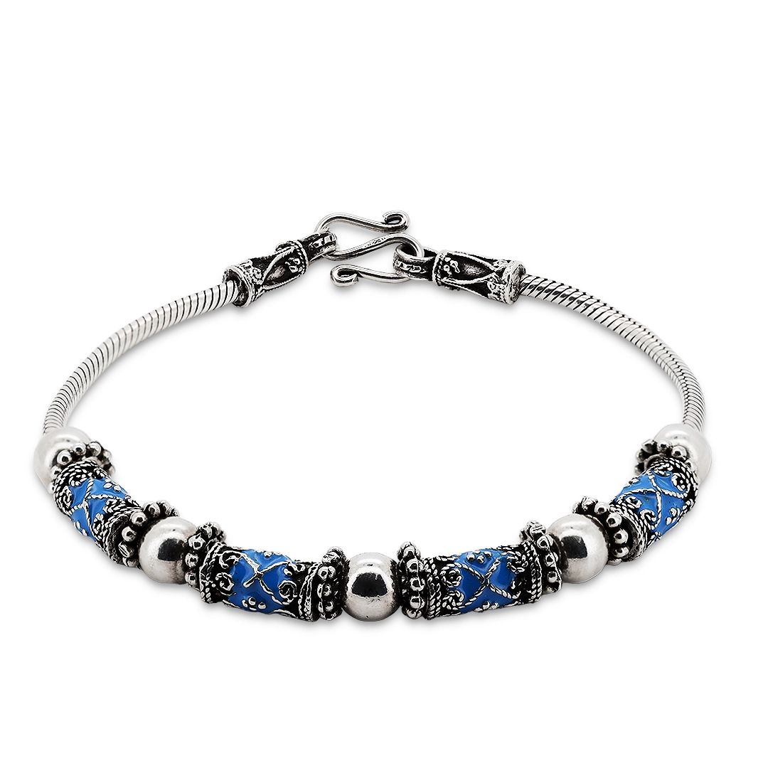 Pulseira de Prata Estilo Bali com Resina Azul e Esferas Espelhadas 