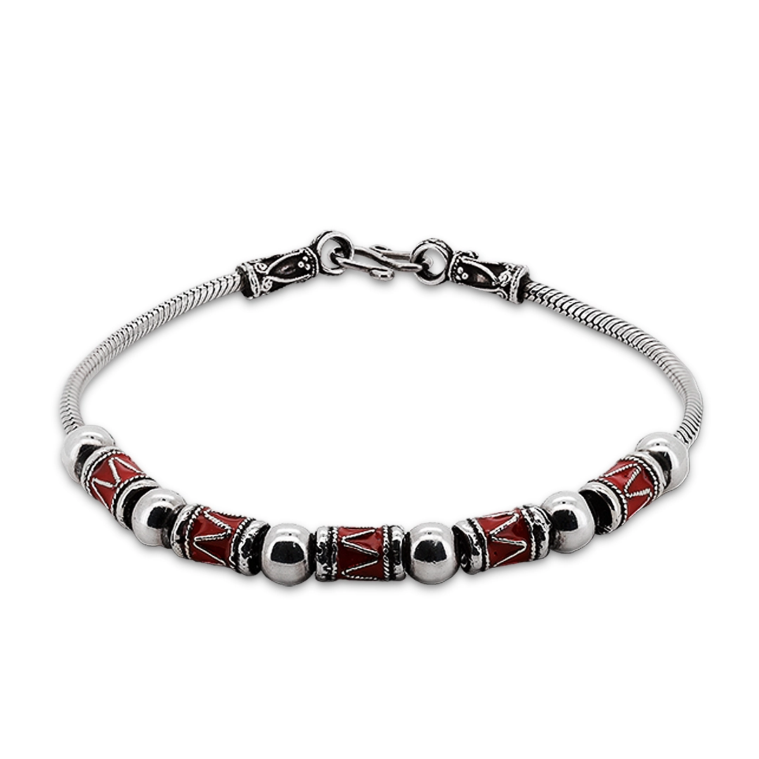 Pulseira de Prata Estilo Bali com Resina Vermelha e Esferas Espelhadas 