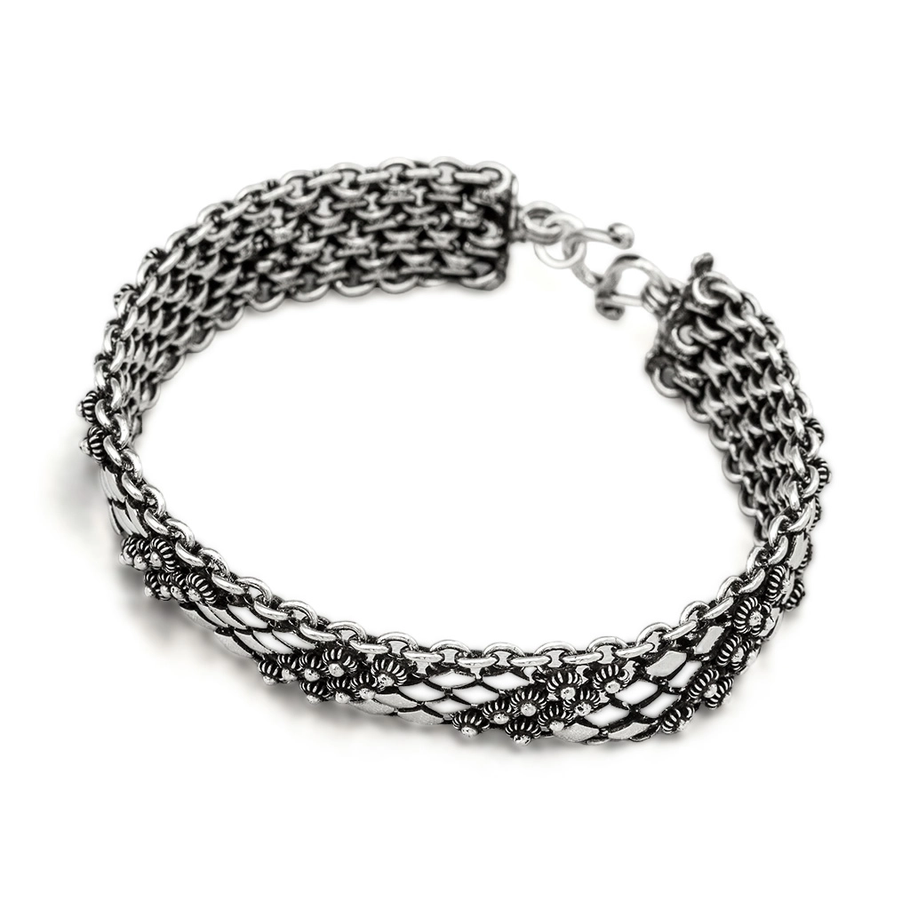 Pulseira de Prata Estilo Bali Quatro Fileiras com Flores Envelhecidas