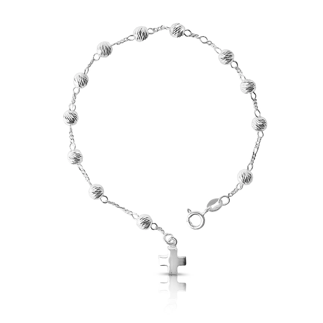 Pulseira de Prata Estilo Terço com Esferas Diamantadas e Cruz