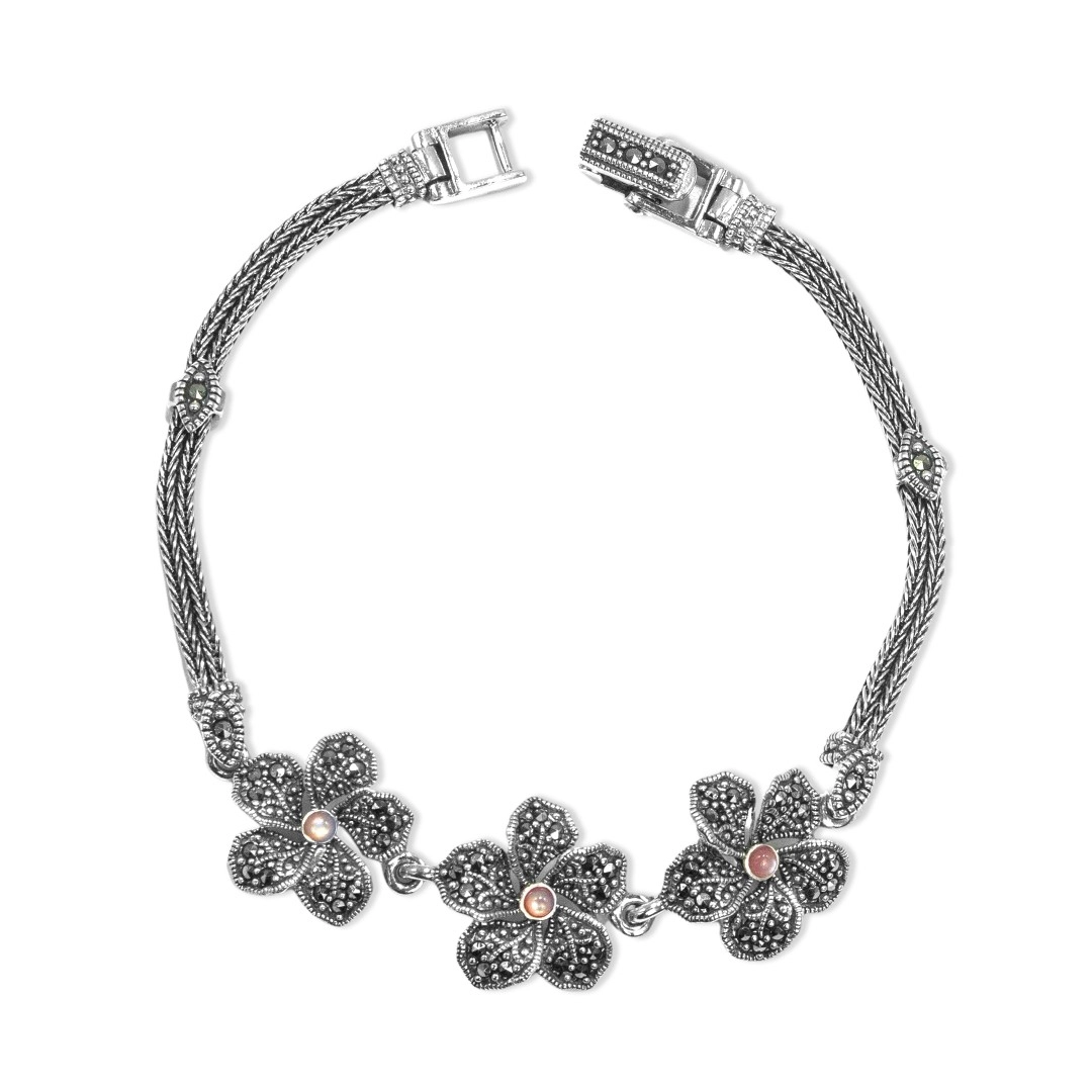 Pulseira de Prata Flores com Marcassitas e Madrepérola Rosa