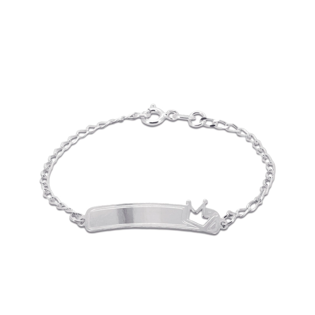 Pulseira De Prata Infantil Com Placa Lisa e Coroa Vazada