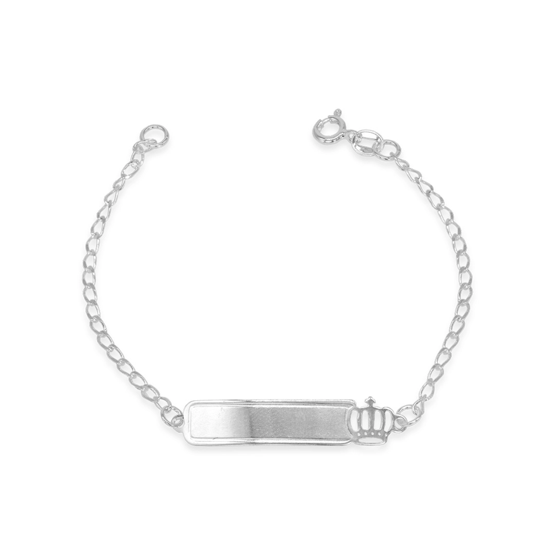 Pulseira de Prata Infantil com Placa Lisa e Coroa