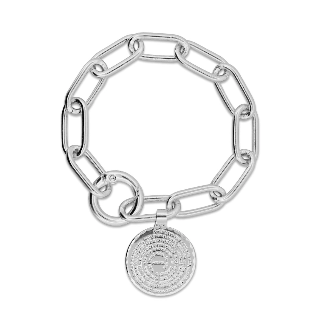 Pulseira De Prata Leve Com Elos Ovais e Medalha do Pai Nosso