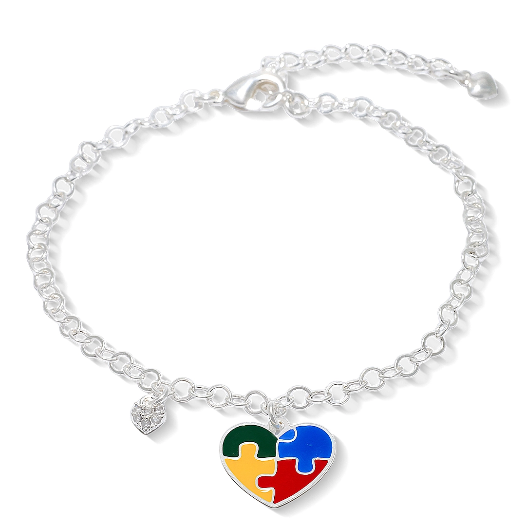 Pulseira de Prata Leve em Malha de Elos Iguais com Coração do Autismo