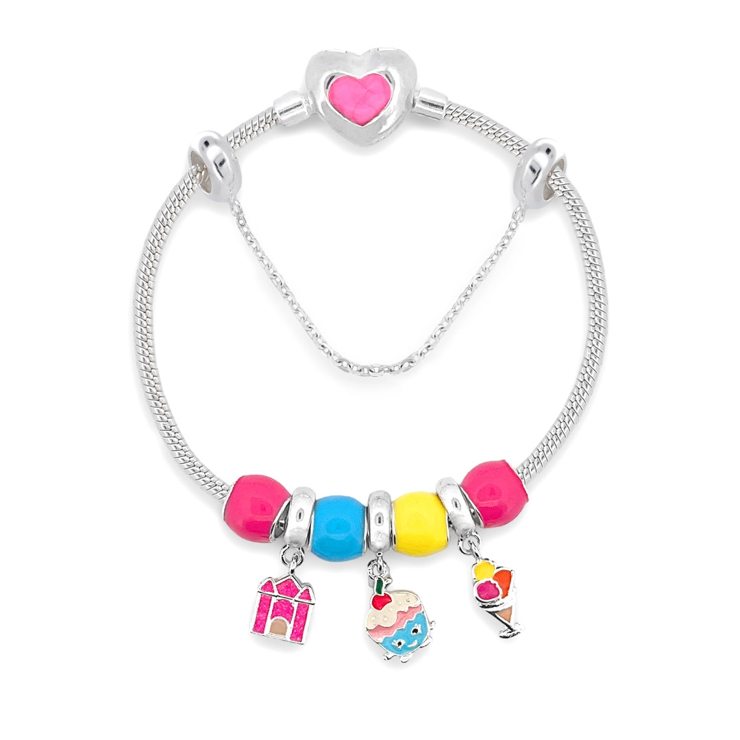 Pulseira de Prata Leve Infantil com Castelo, Cupcake e Sorvete Colorido 