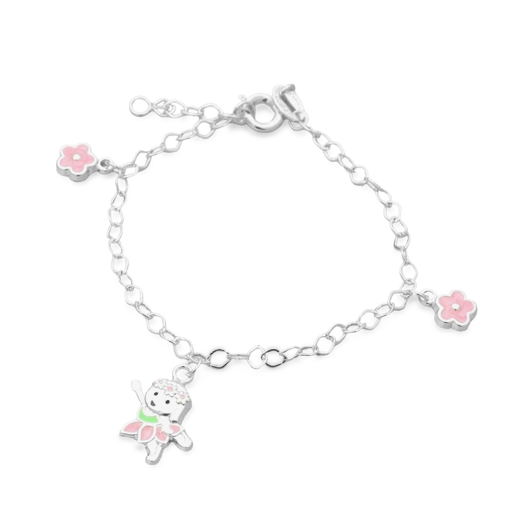 Pulseira de Prata Leve Infantil com Fada e Flor Esmaltada