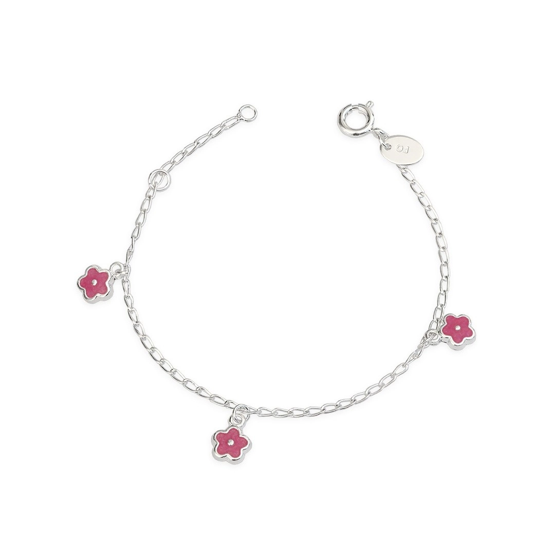 Pulseira de Prata Leve Infantil com Três Flores Esmaltadas