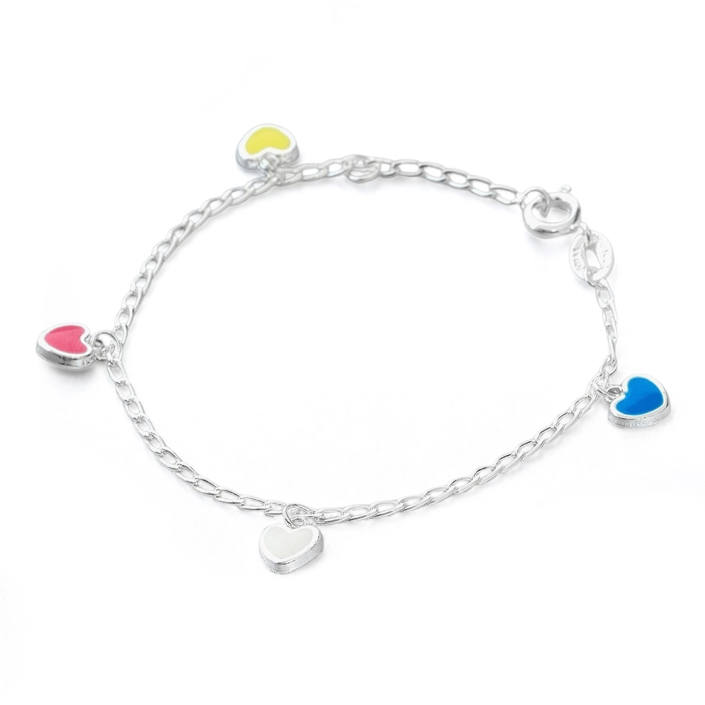 Pulseira de Prata Leve Infantil de Corações Coloridos