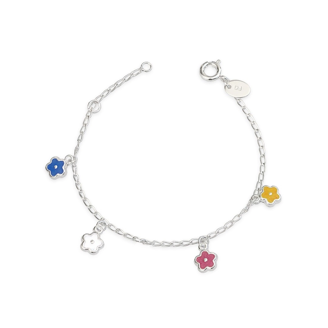 Pulseira de Prata Leve Infantil Esmaltada com Flores