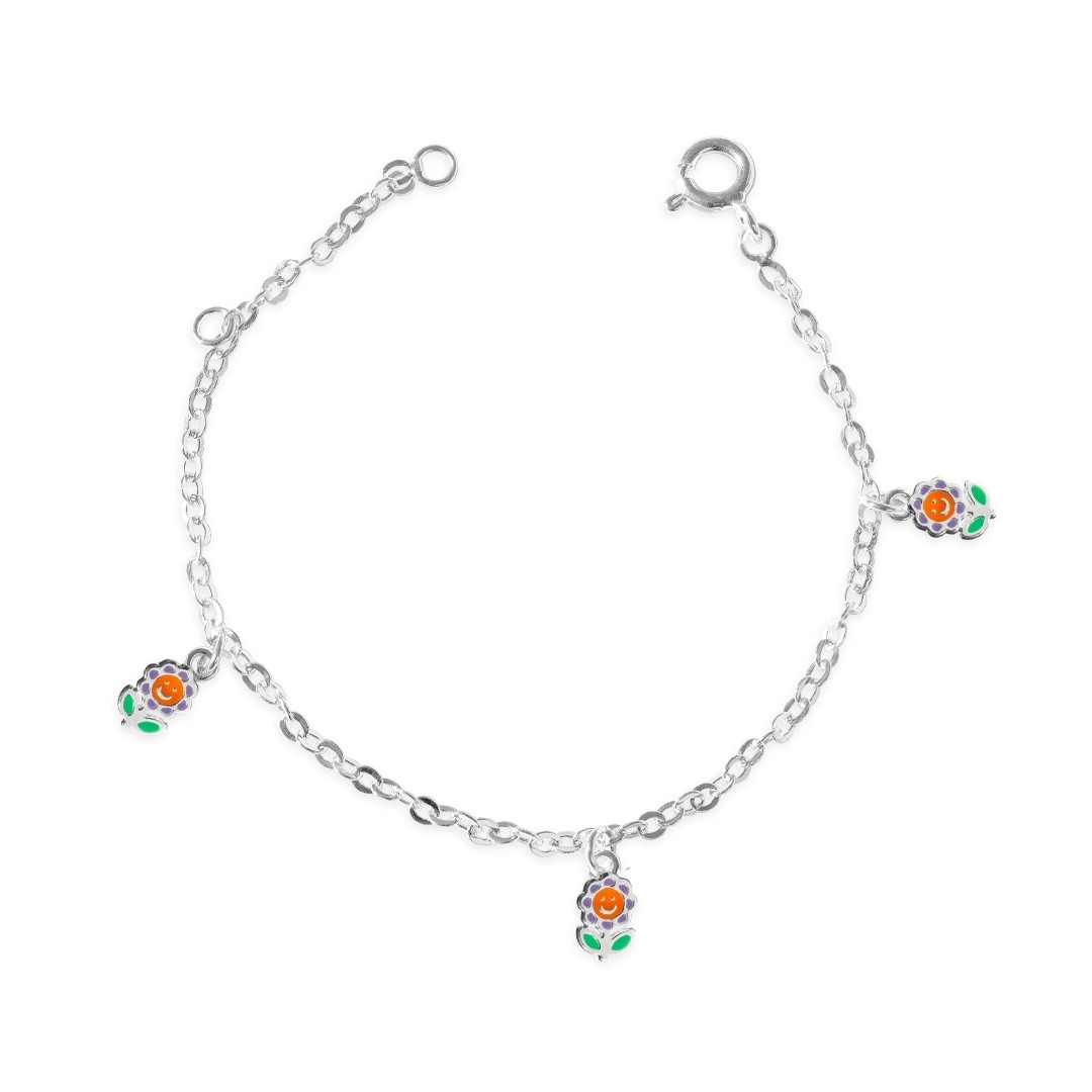 Pulseira de Prata Leve Infantil Flor Colorida e Esmaltada