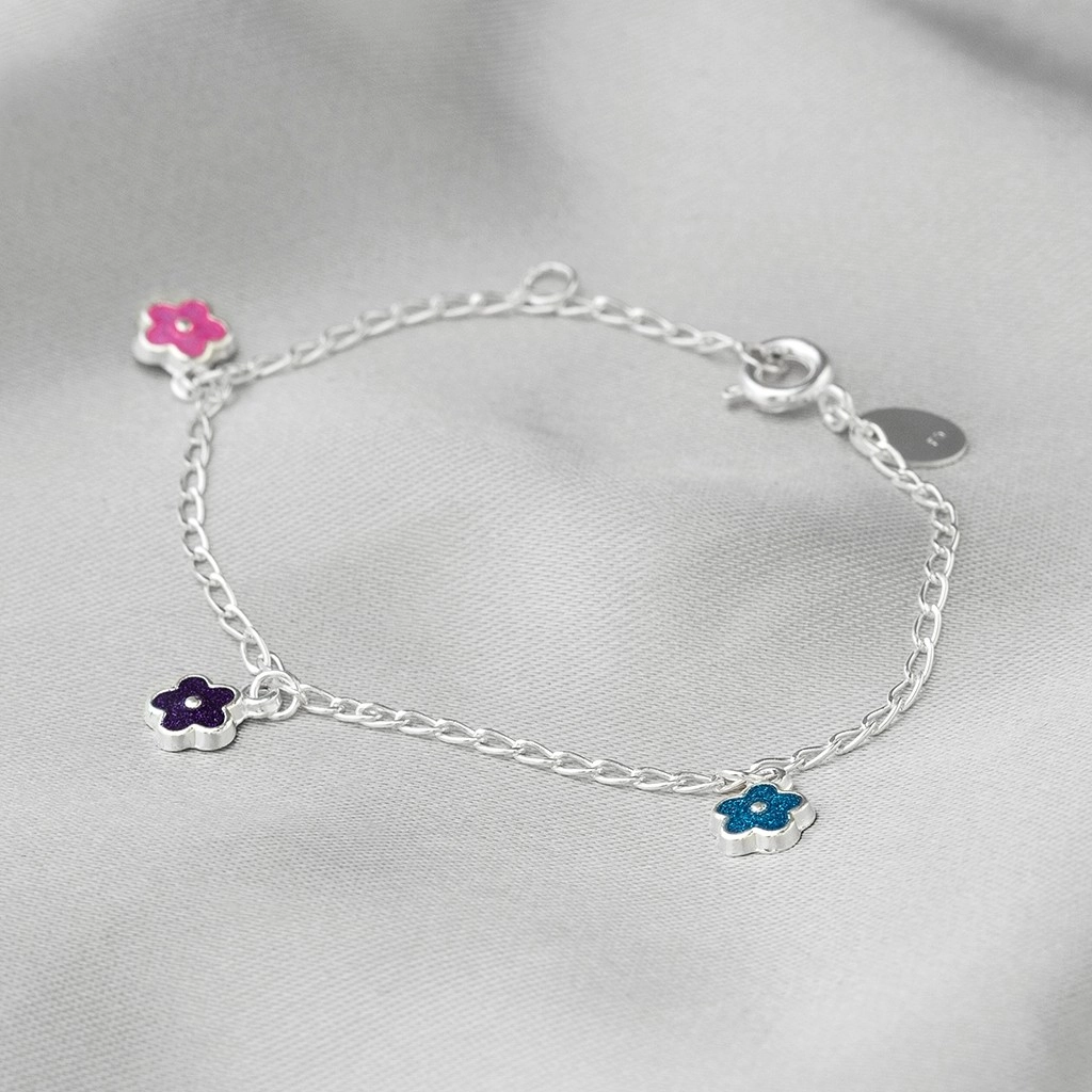 Pulseira de Prata Leve Infantil Flor Colorida Esmaltada