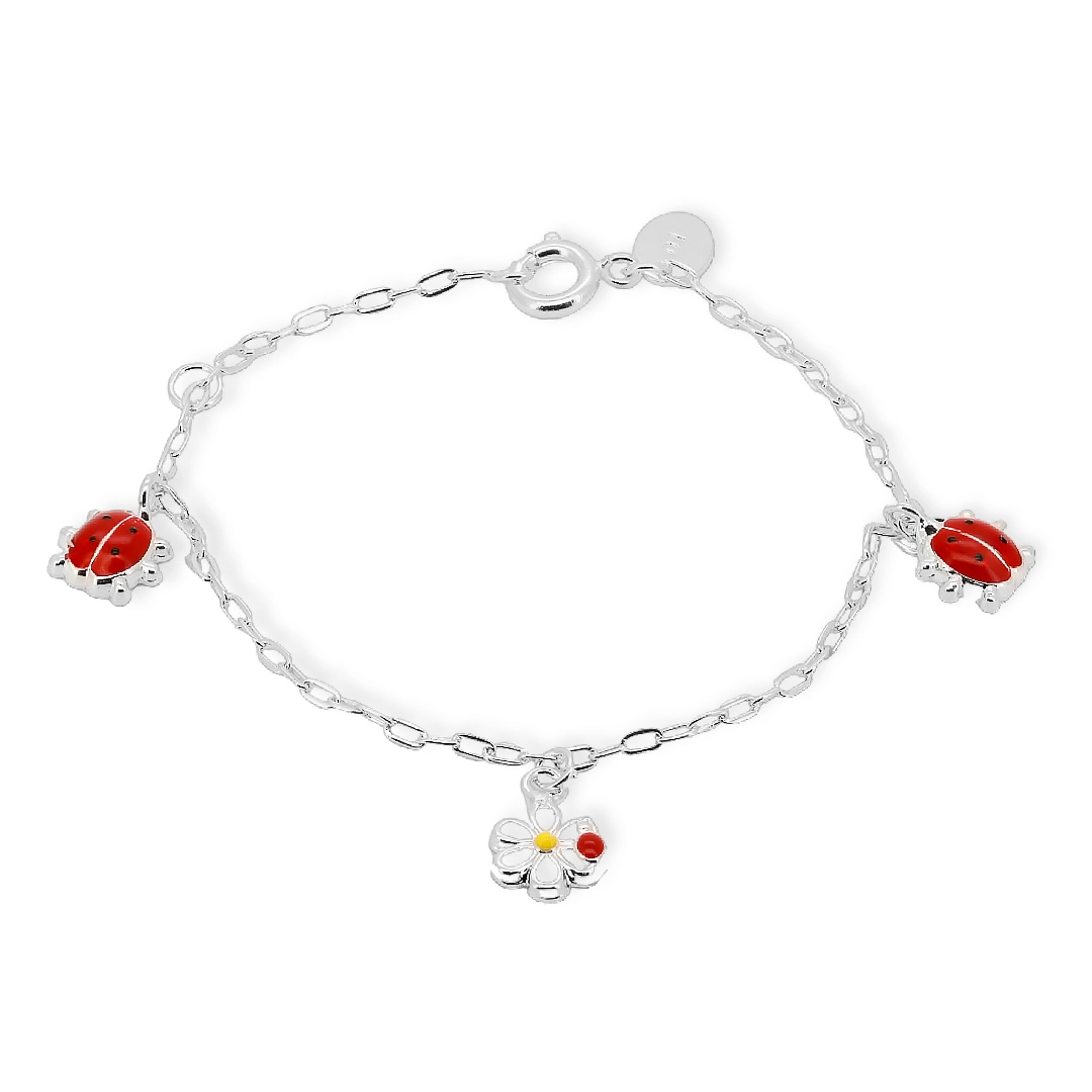 Pulseira de Prata Leve Infantil Flor com Joaninhas