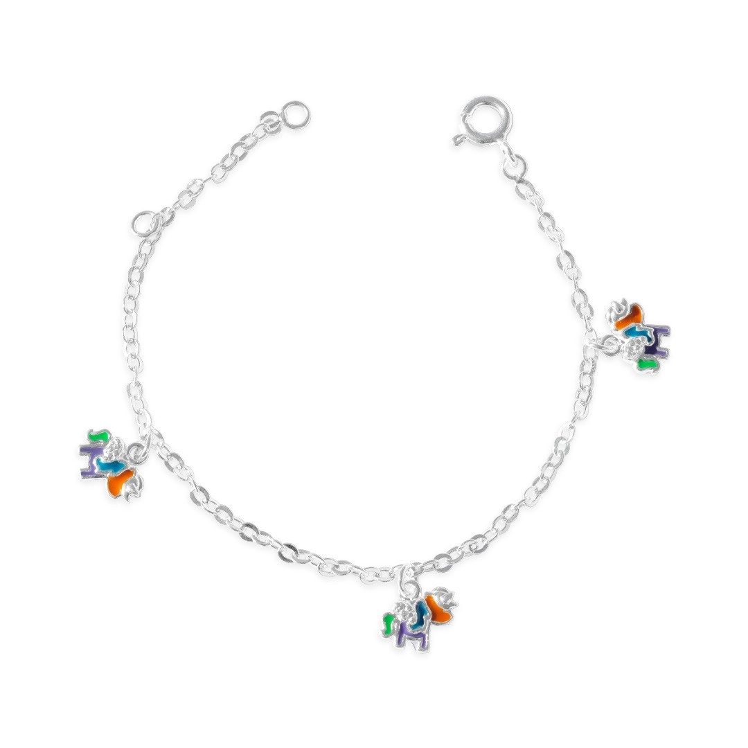 Pulseira de Prata Leve Infantil Unicórnio Colorido Esmaltado